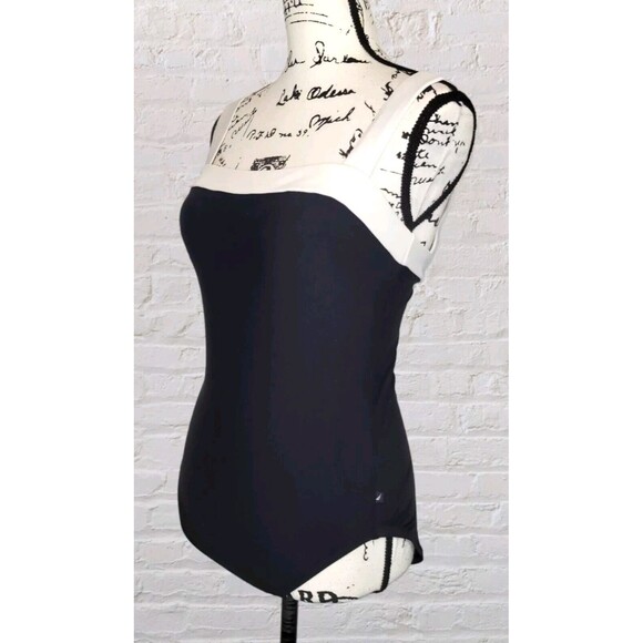 Nautica Classic Nautical One Piece Swimsuit LG Black White Wide Strap Cruise - Picture 3 of 8